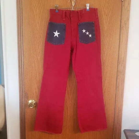 Vintage 1970s Wide-Leg Denim Jeans w/ Star Designed Pockets Sz 30" x 29" - Picture 1 of 7